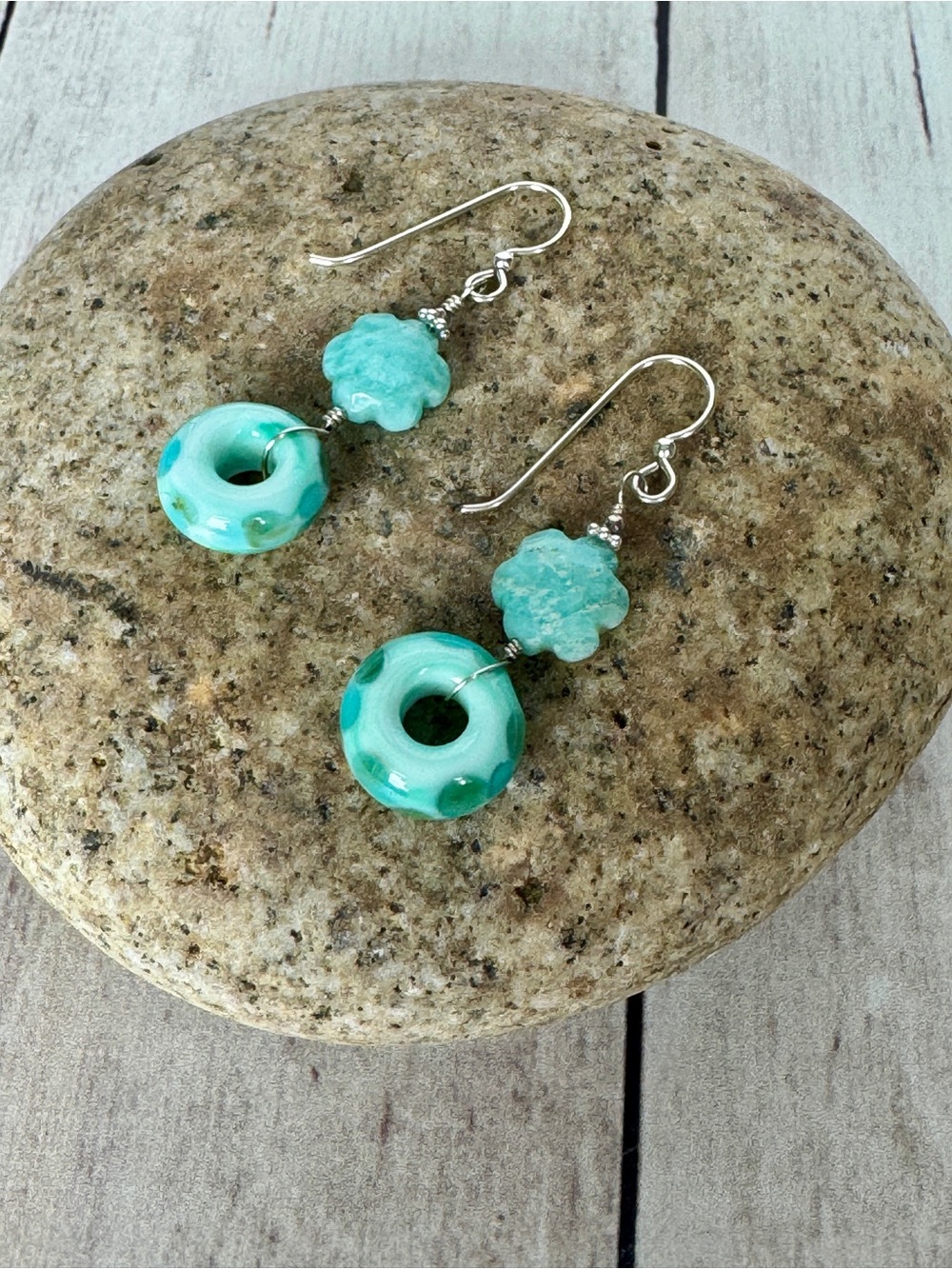 Turquoise Glass Donut Drop Earrings with Amazonite Flowers
